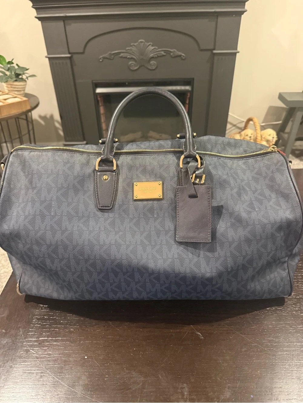 Michael Kors Navy Canvas Travel Duffel Bag weekender large gold MK shoulder